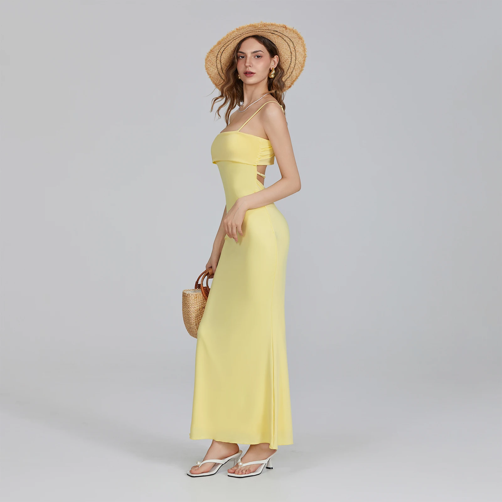 Nuevo vestido largo tipo camisola para mujer, vestido ajustado con cuello cuadrado y tirantes finos ajustables, vestido de Color sólido para fiesta, Club, boda, noche S M L