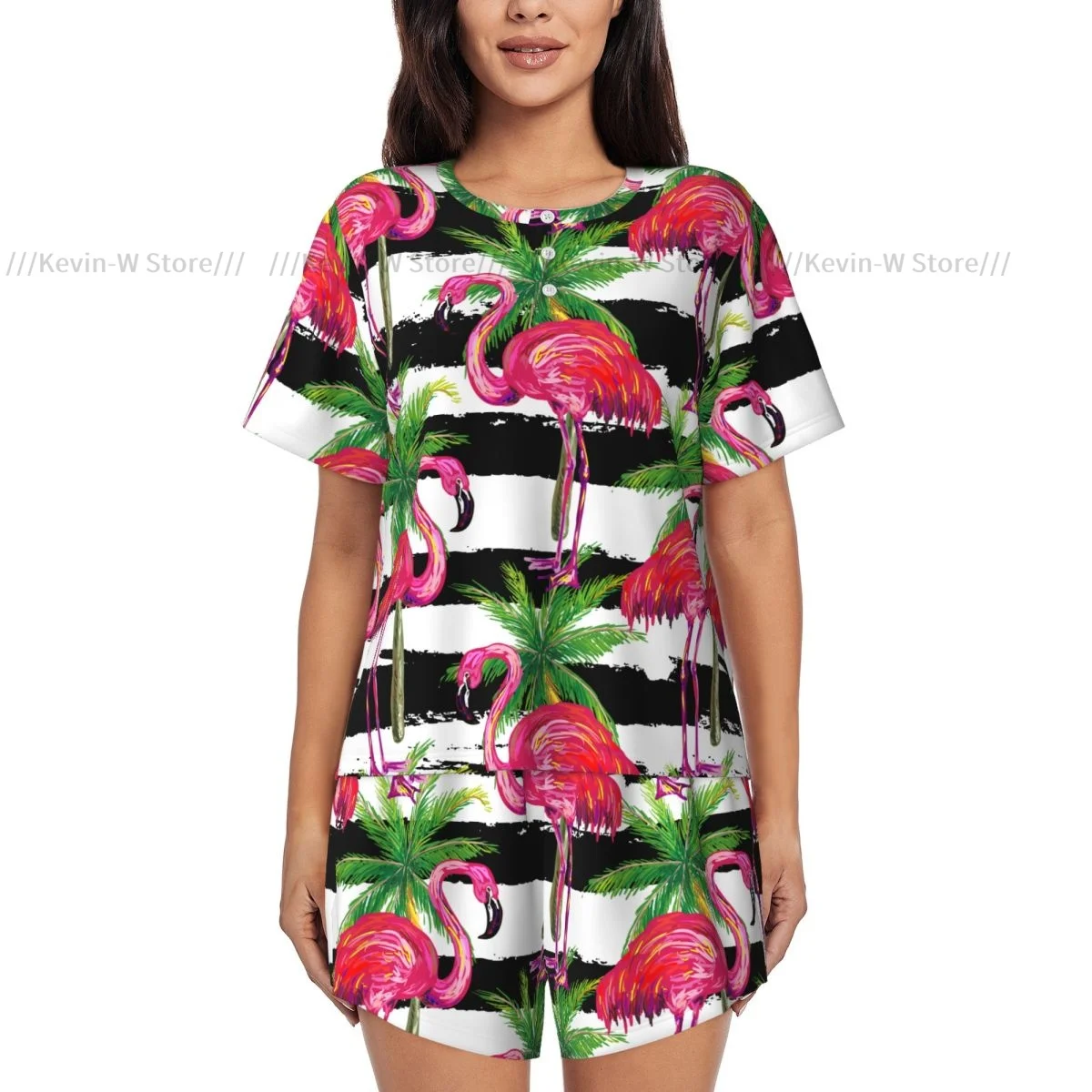 Woman Pajamas Set Exotic Pink Flamingo Birds And Palm Trees Summer Short-Sleeved Female Suit Homewear