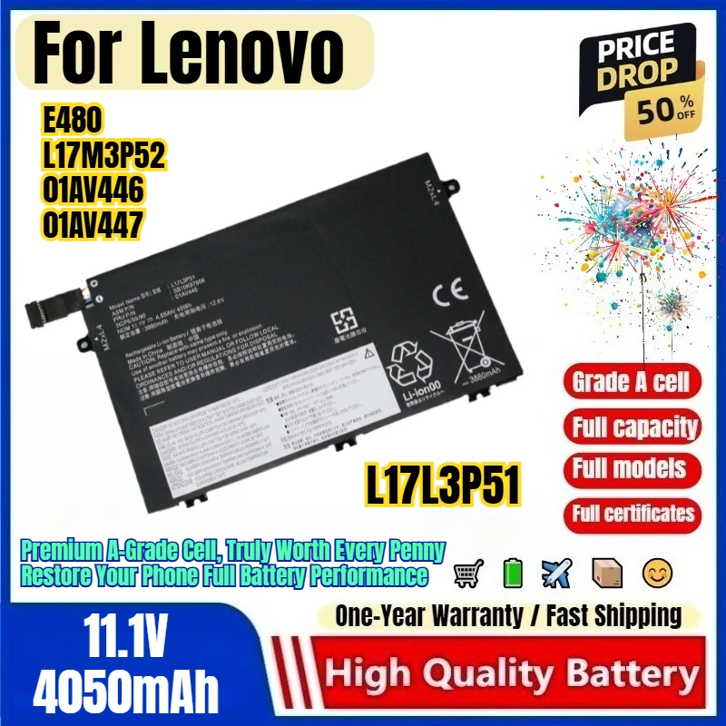 L17L3P51 for Lenovo E480 L17M3P52 01AV446 01AV447 Laptop Battery 0Cycle High Capacity Battery Replacement Bateria Grade A Cell