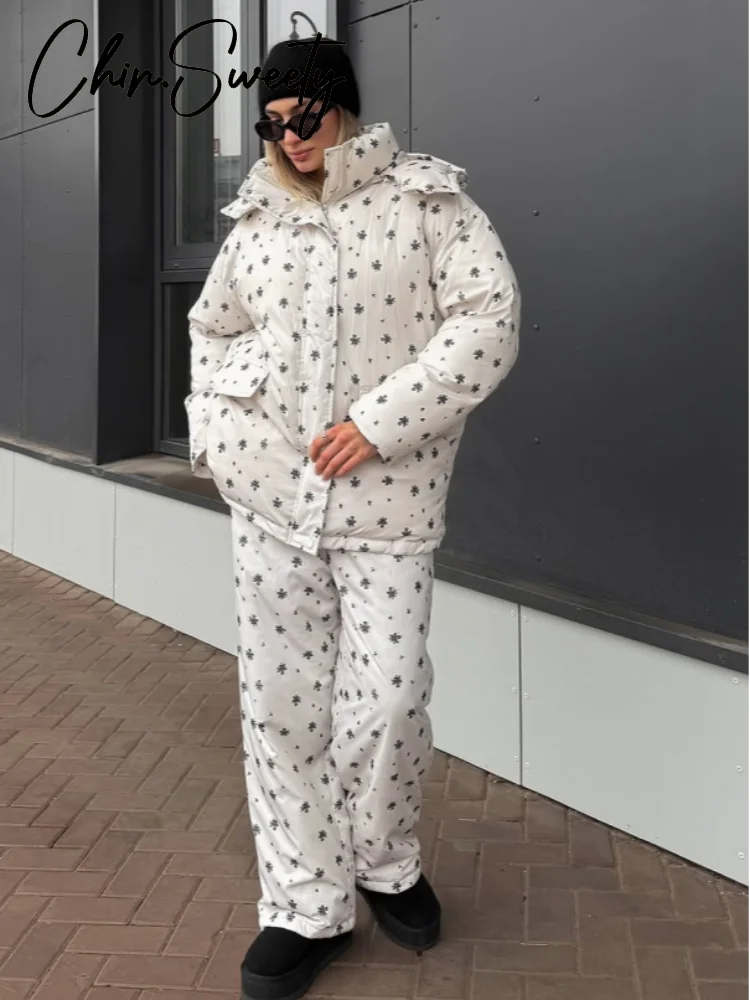 2025 الشتاء طباعة معطف السراويل النساء الزي أنيقة هودي كم طويل جيب سحابات سترة واسعة الساق بنطلون سيدة عادية مجموعة جديد #1