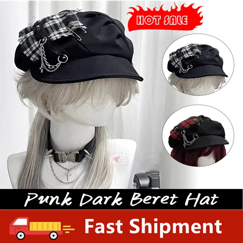 

Women's Hat Cool Style Y2K Subculture Punk Millennial Spice Cross Neutral Dark Checkered Punk Beret Hat Cute Hat Gothic Lollita