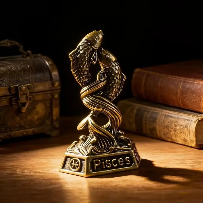 Vintage Brass 12 Constellation Figurines Rustic Style Fine Craft Ornament for Home Study Desk Decor Astrology Fans Gift