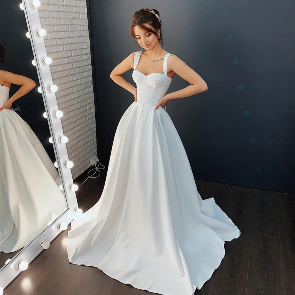 Customized A-Line Satin Women Wedding Dresses Spaghetti Straps Sweetheart Bridal Gowns Formal robe de mariée Vestido De Noiva