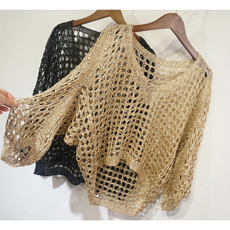 Sequin Hollow Out Loose Blouse Bright Silk Knitted Sweater Bats Sleeved V Collar Sunscreen Shirt Versatile Women 2024 Fashion