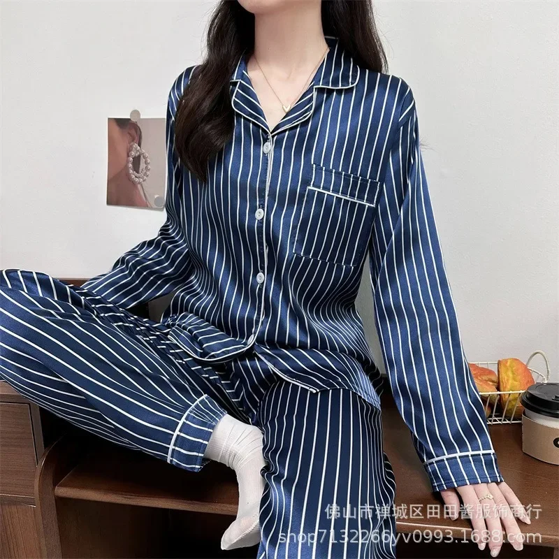 Women Ice Silk Pajamas Girls Long Sleeve and Long Pants Homewear Student Cool Silk Sleepwear Adult Casual Two-Piece Set Pajamas