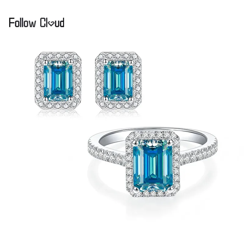

Follow Cloud 2ct 6*8mm Skyblue Moissanite Stone Emerald Cut Engagement Rings for Women 925 Sterling Silver Wedding Band with GRA