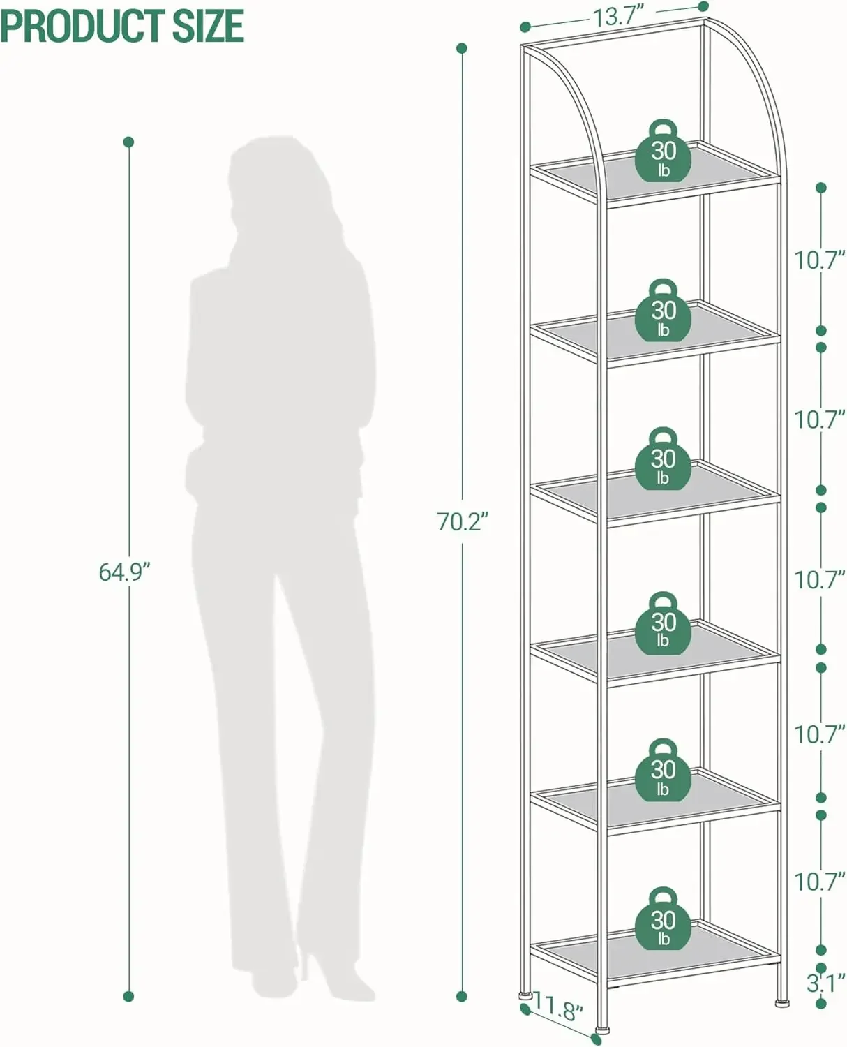 Tempered Glass Arched Bookshelf for More Storage, Slim Shelving Unit for Bedroom, Bathroom, Home Office, Steel Frame