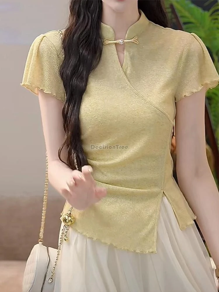 

2025 new chinese-style stand collar short-sleeved t-shirt women summer irregular slit design cheongsam button tang suit top t001