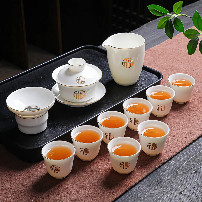 

Suet jade kung fu tea set household living room light luxury tea office meeting guests high-end white porcelain cover bowl