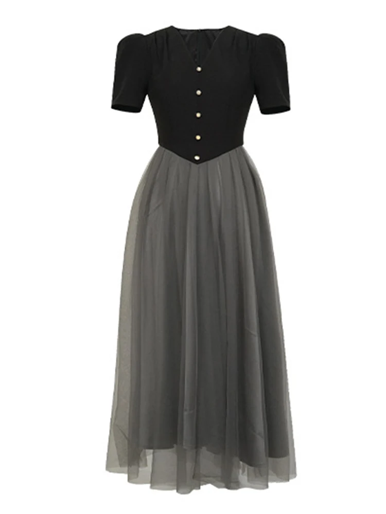 เสื้อผ้าผู้หญิง Retro แขนสั้นสีดํา Slim A-Line ชุดยาวสุภาพสตรีแฟชั่นชุดราตรีชุดราตรี Vestidos Robe ฤดูร้อนใหม่