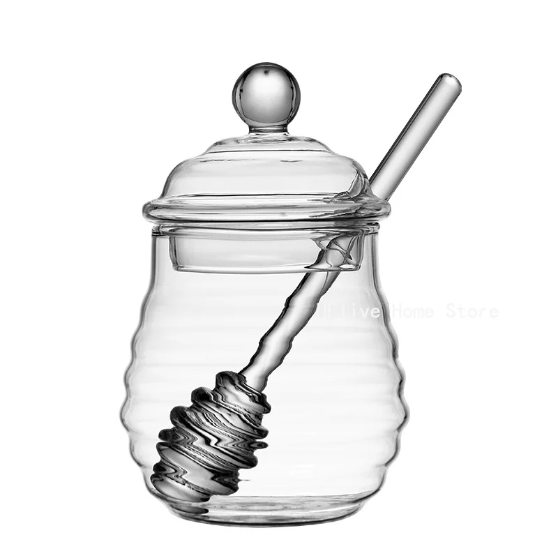 Glass Honey Jar Clear Glass Honey Pot with Dipper Spoon Small Kitchen Storage Bottle Jar Honey Server Container for Syrup