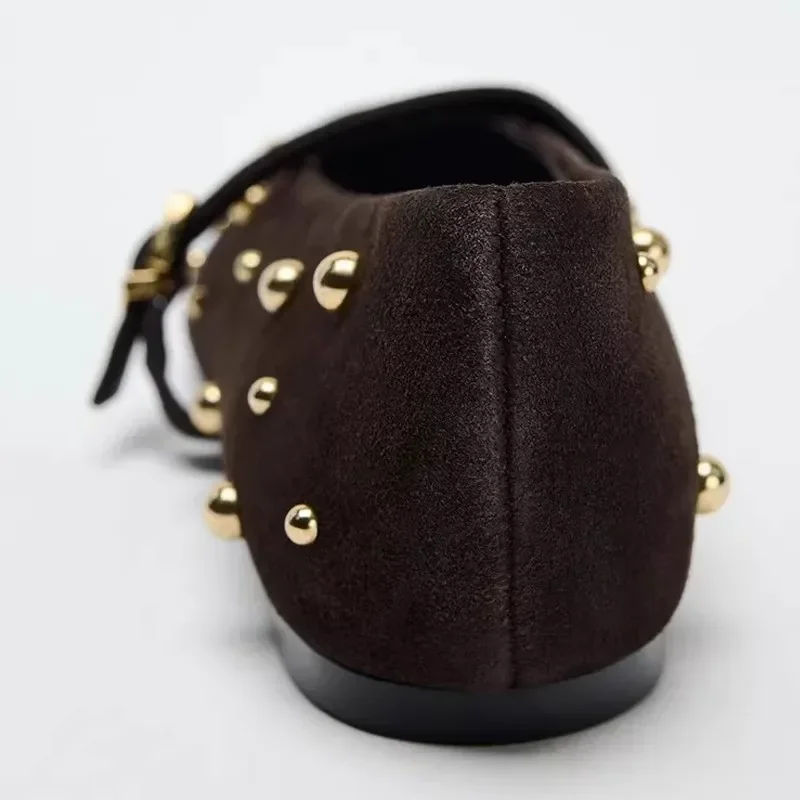2024 Autumn Brand Mary Jane Shoes for Women Fashion Rivet Suede Classic Retro Brown Casual Soft Bottom Comfortable Ladies Flats