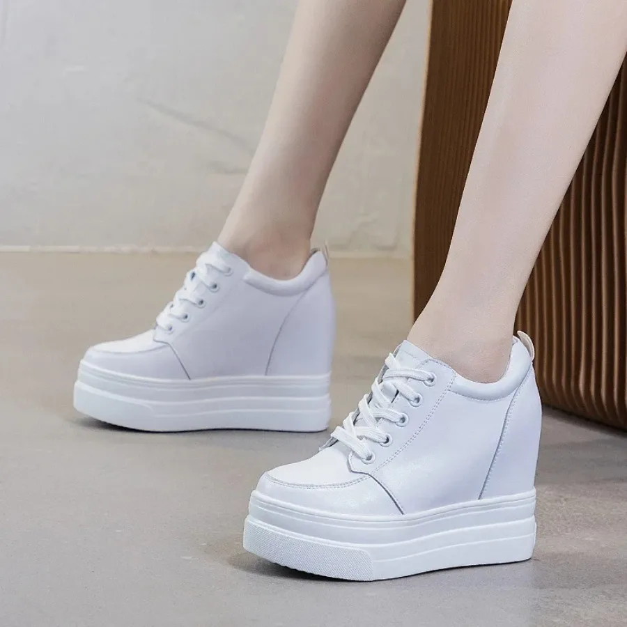 

Krasovki 11cm Natural Genuine Leather Platform Vulcanized Women Casual Chunky Sneakers Flats Women Hidden Heels Fashion Shoes