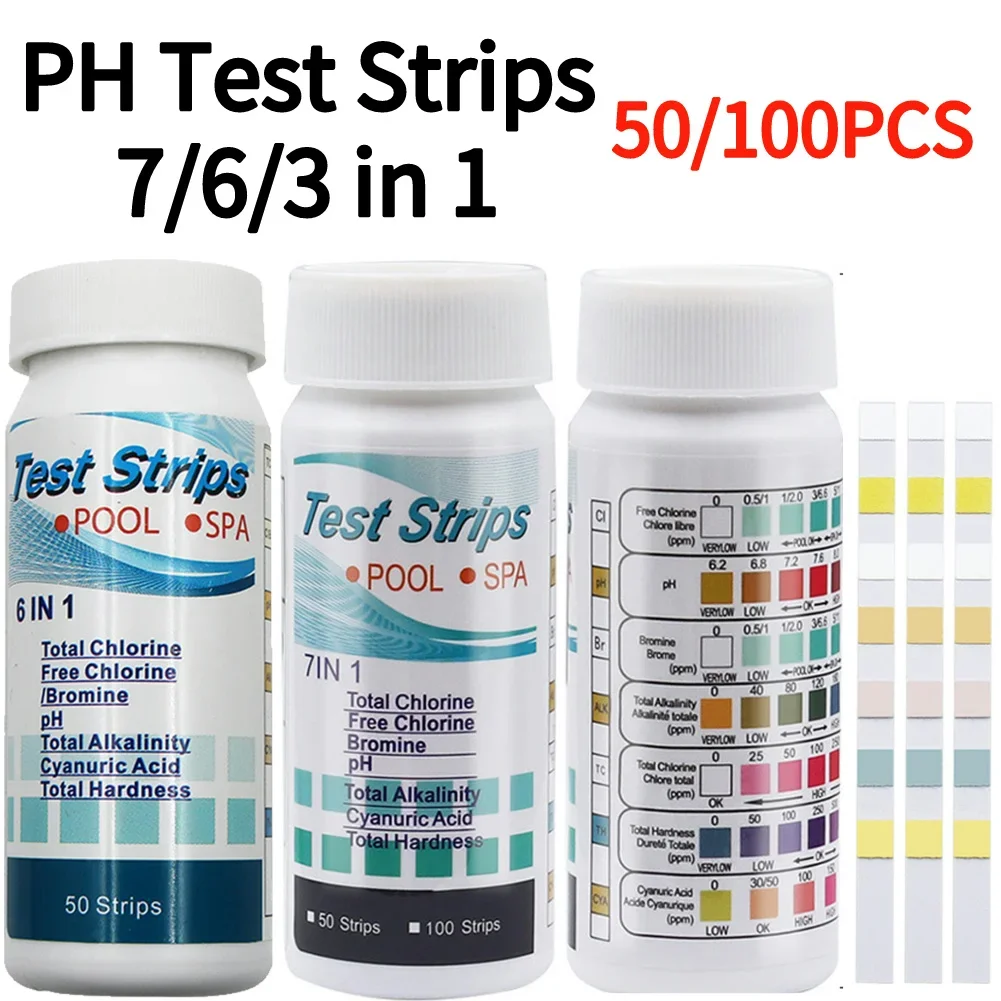 50pcs Multipurpose Water Test PH Strips 6-in-1 Residual Chlorine Value Alkalinity Hardness Tester Easy Detection for Pool Spa