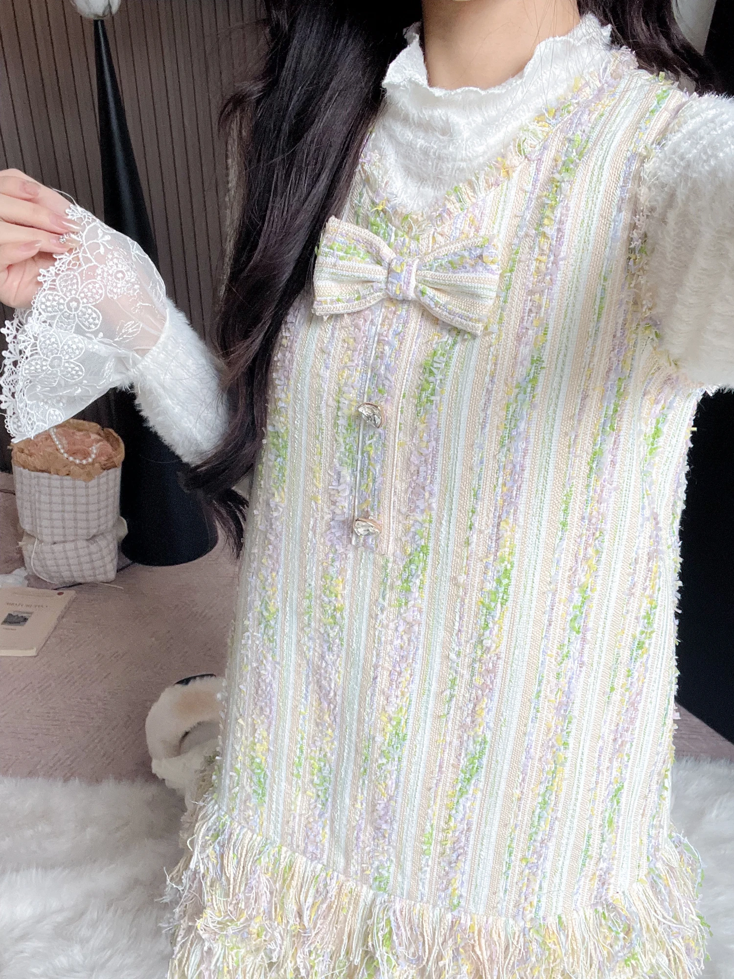 

Элегантный комплект Ele Small Fraance Sle Dr: Оригинальный дизайн, роскошный стиль, женственный образ, юбка А-силуэта с высокой талией, длинный рукав