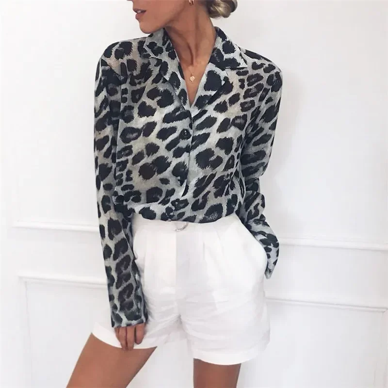 Chiffon Blouse Long Sleeve Sexy Leopard Print Blouse Turn Down Collar Lady Office Shirt Tunic Casual Loose Tops Oversized