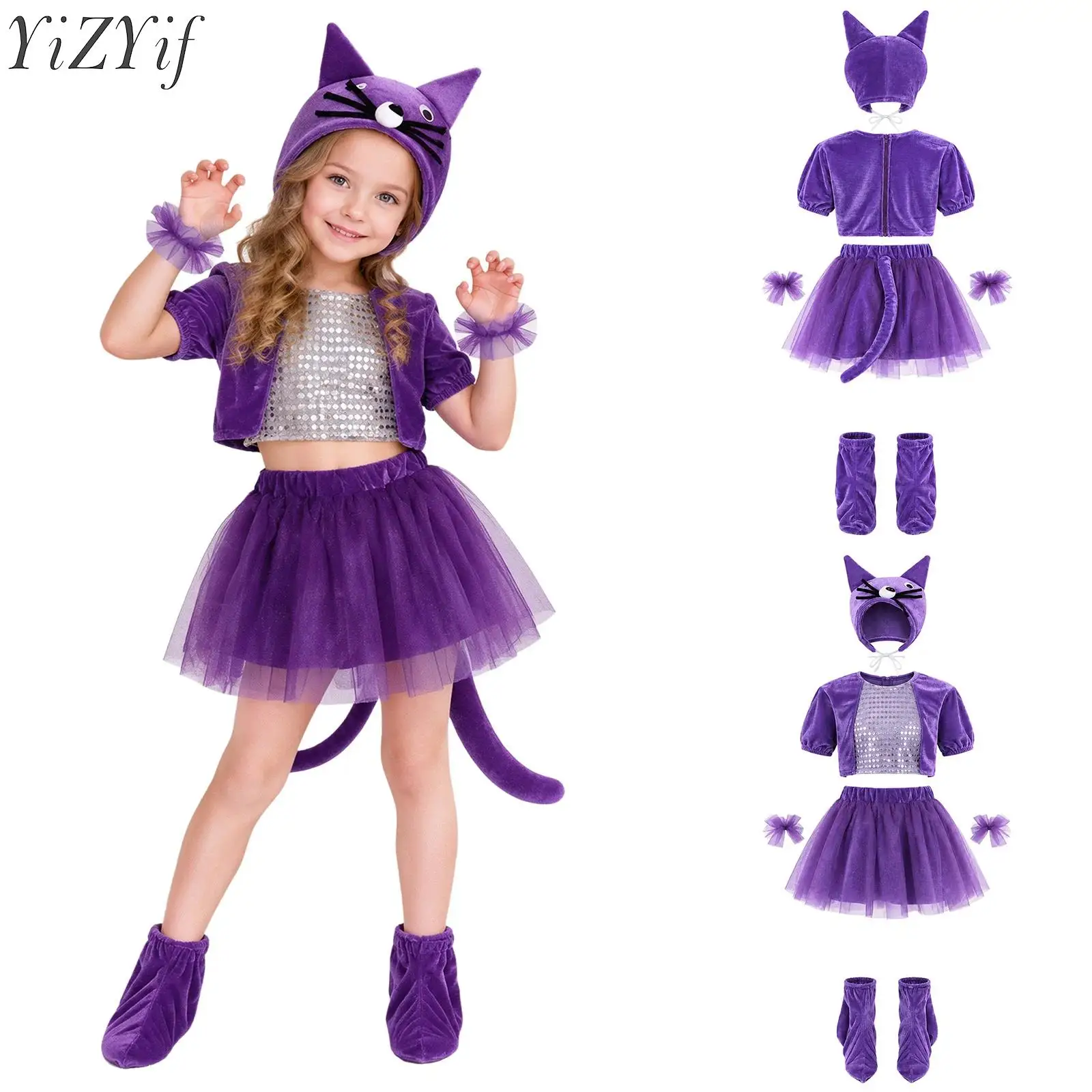 Kids Girls Cat Costume Sequins Crop Tops Tail Layered Tutu Skirt with Hat Wristbands Stage Performance Cosplay Fancy Dress Up