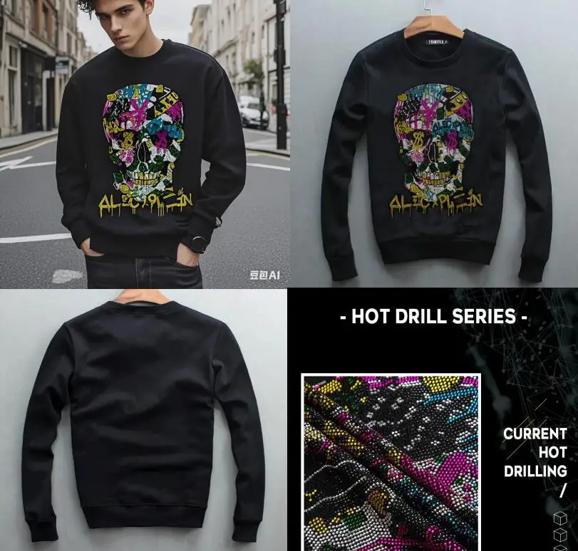 Streetwear  Hot drill Skull Hoodie for man Anime  High Quality    fashion mens Rhinestones hoodies