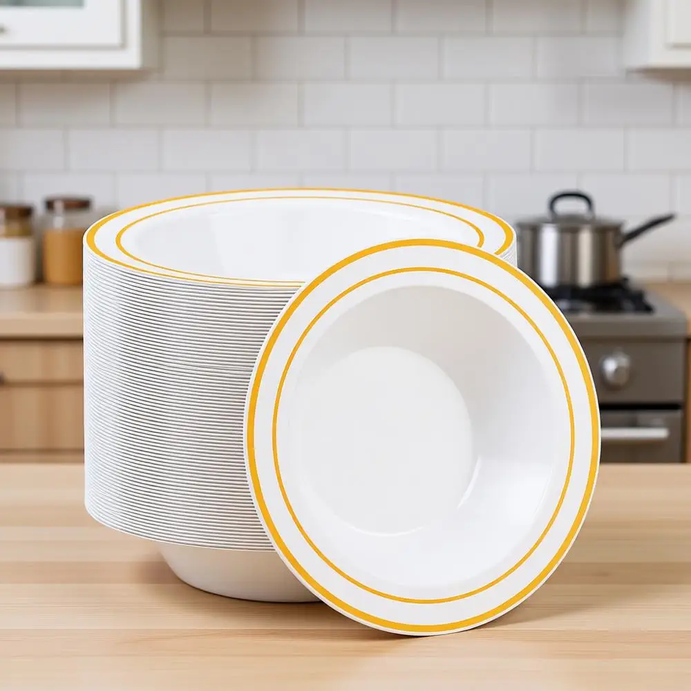 

100-Count Disposable Gold Rim Soup Bowls, 12oz Heavy-Duty Plastic for Parties and Special Events