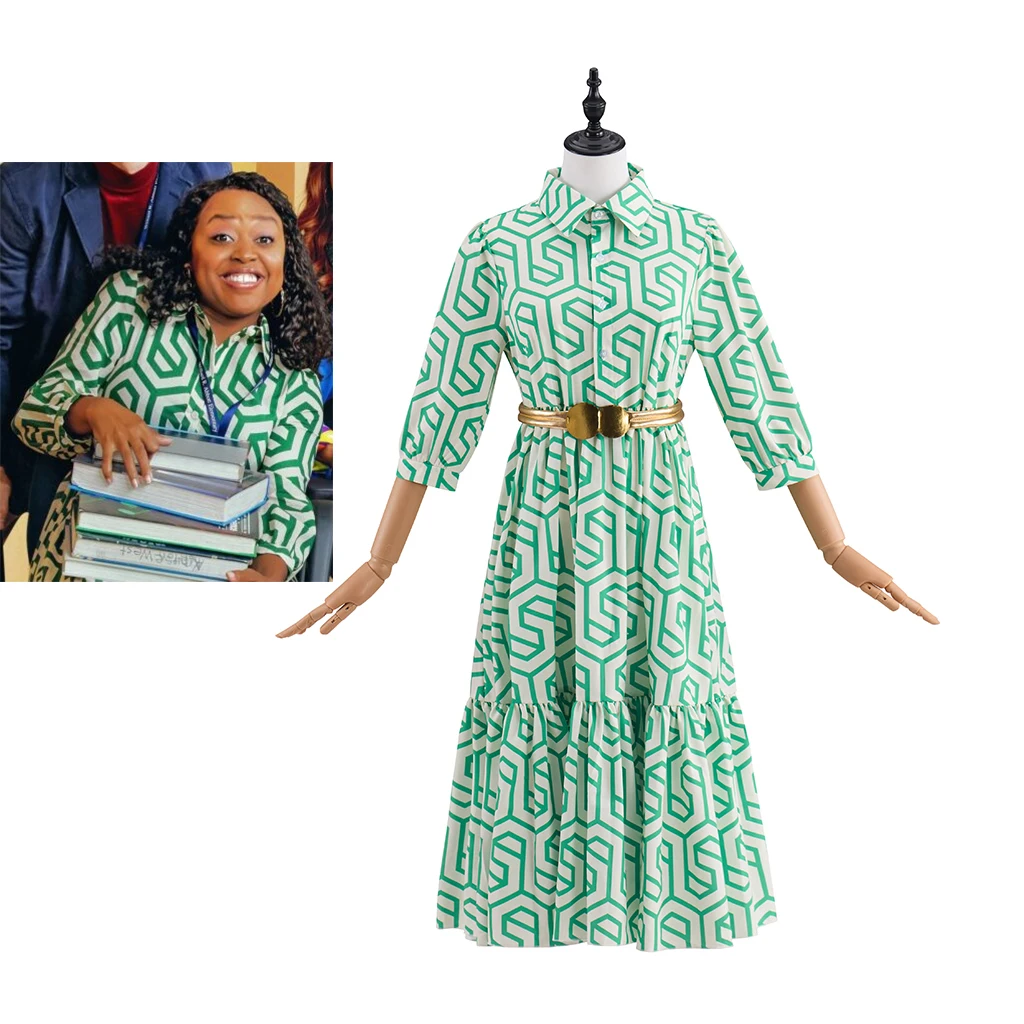 

TV Abbott Cosplay Janine Teagues Costume For Women Fancy Printed Elementary Teacher Dress Halloween Carnival Party Ball Gown