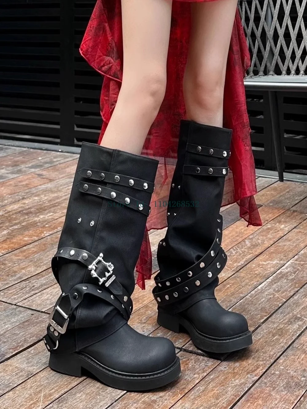 

Rivet Buckle Strap Slouchy Boots Round Toe Thick Midde Heel Slip On 2025 New Arrivals Winter Spring AutummMotorcycle Boots