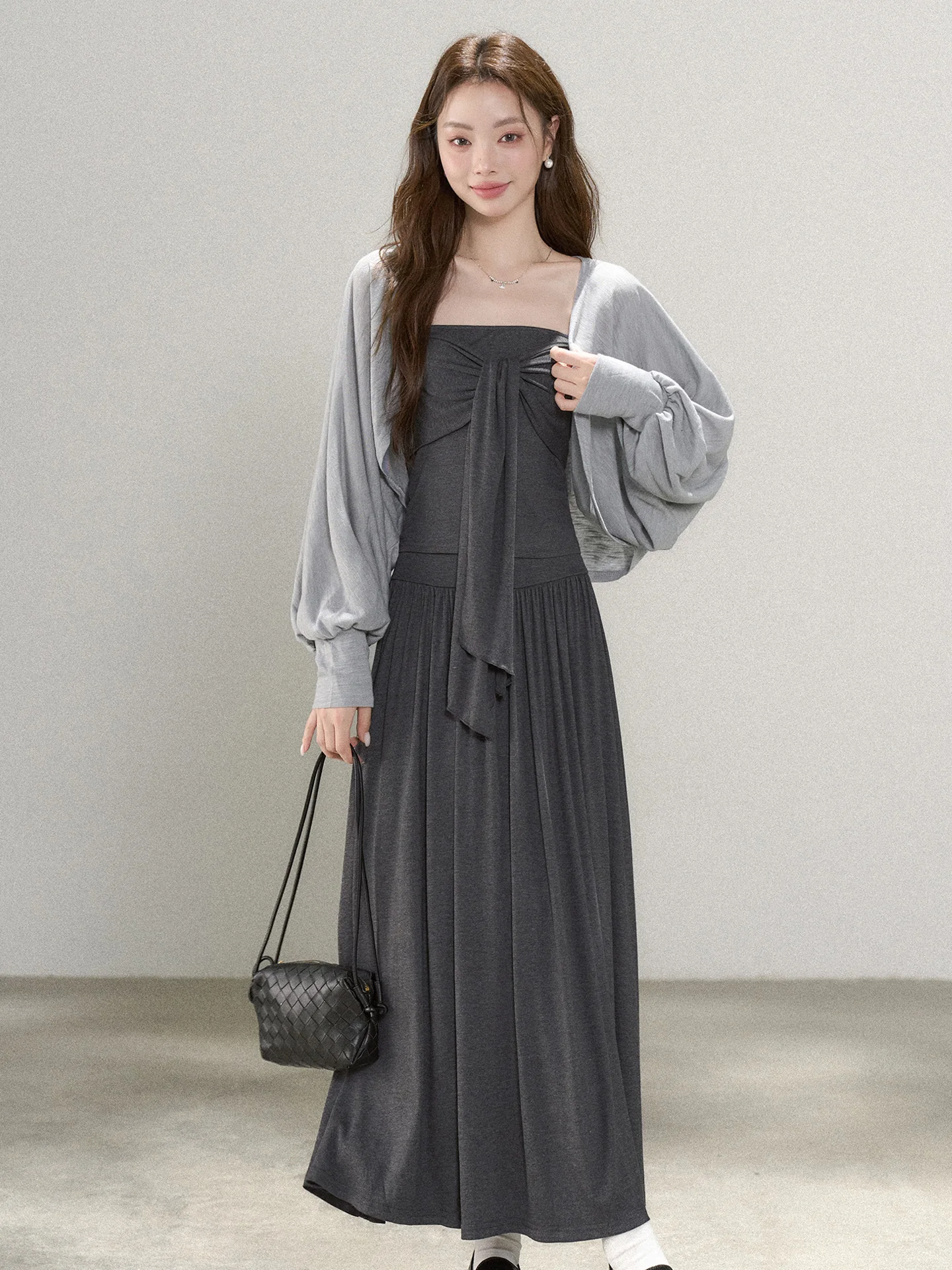 

Ele Tee-Piece Set Women's Early Spring Lazy Loose Cardigan Tube Top with f Skirt Set Korean Sle Long Sve Casual