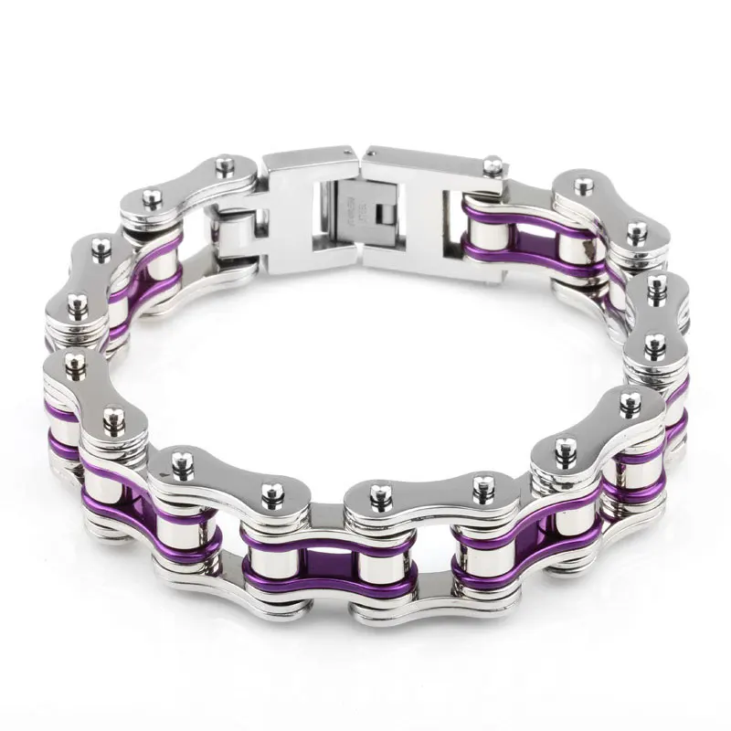 

Mens Chain Bracelets Bangles Purple Biker Bicycle Motorcycle Link Bracelets for Men/Women Punk Stainless Steel Jewelry