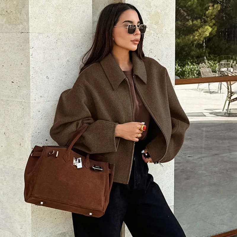 

Tornova Vintage Maillard Brown Woolen Coat Female Loose Lapel Short Jacket Coat Autumn Winter Zipper Long Sleeve Lady Outwear