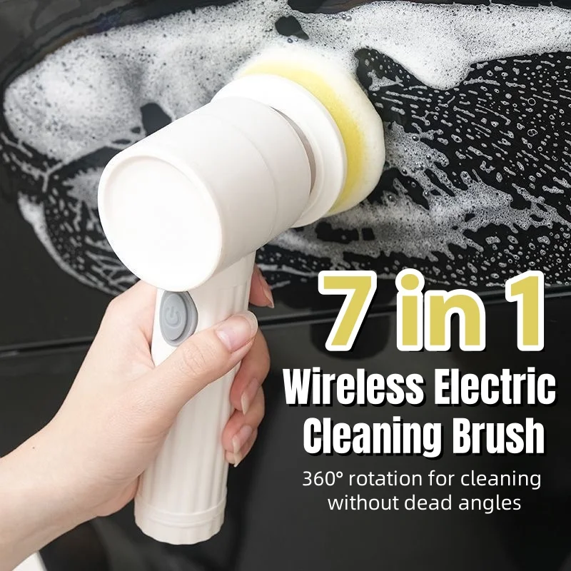 Cordless Electric Scrubber 7-in-1 Kitchen/Bath Tiles Cleaner USB Rechargeable Spin for Grease Dirt Powerful Scrubbing Brush