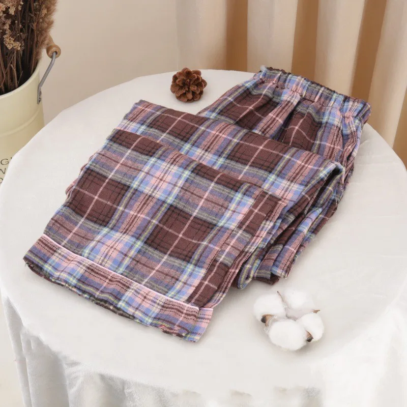 

Autumn Winter Sleeping Pants Women's 100% Cotton Flannel Long Trousers Home Loungewear Pajama Pants Plaid Design Pyjama Femme