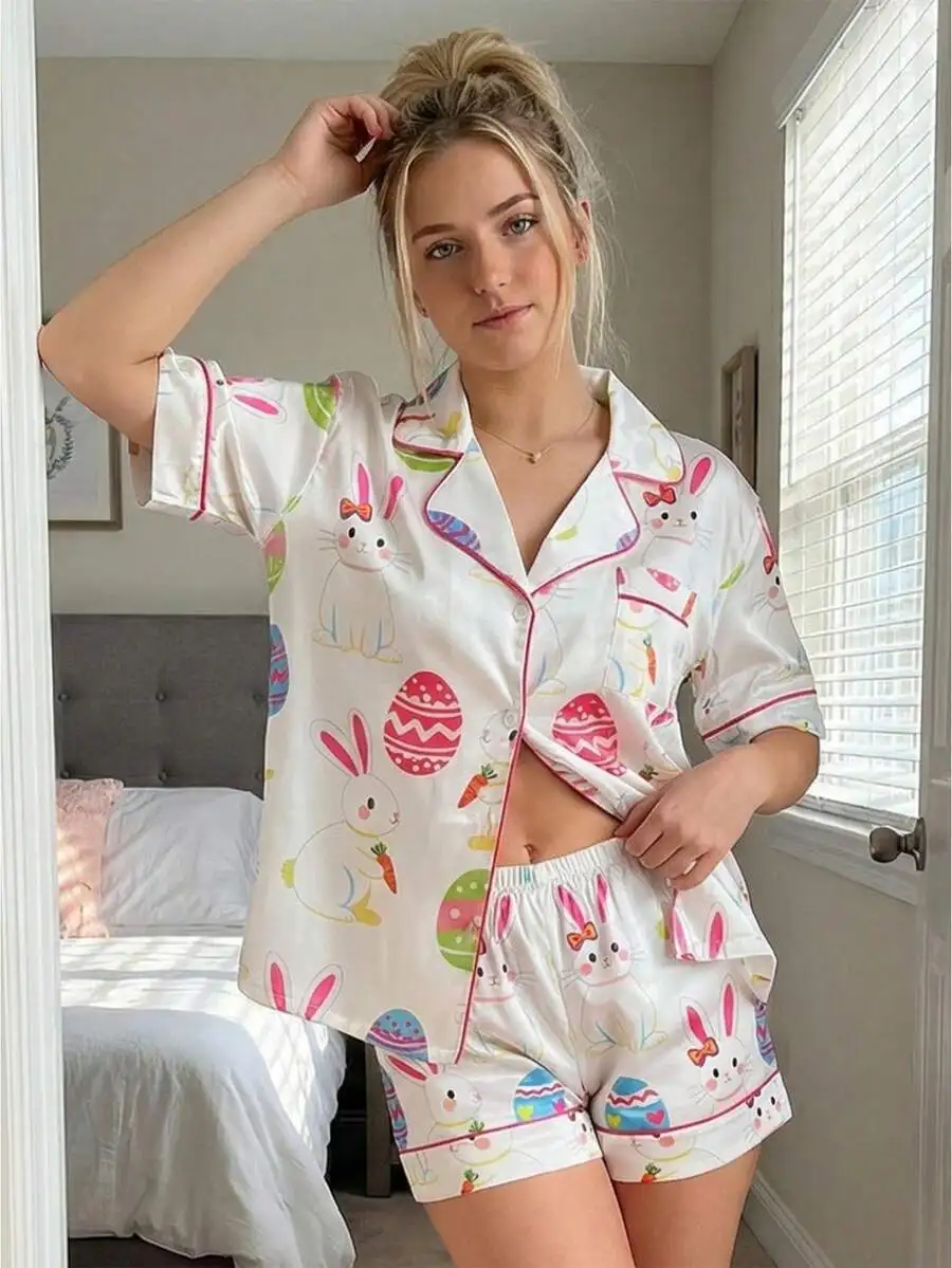 

Womens Easter Bunny Egg Print Button Up Pajama Set Short Sleeve Top And Shorts Loungewear
