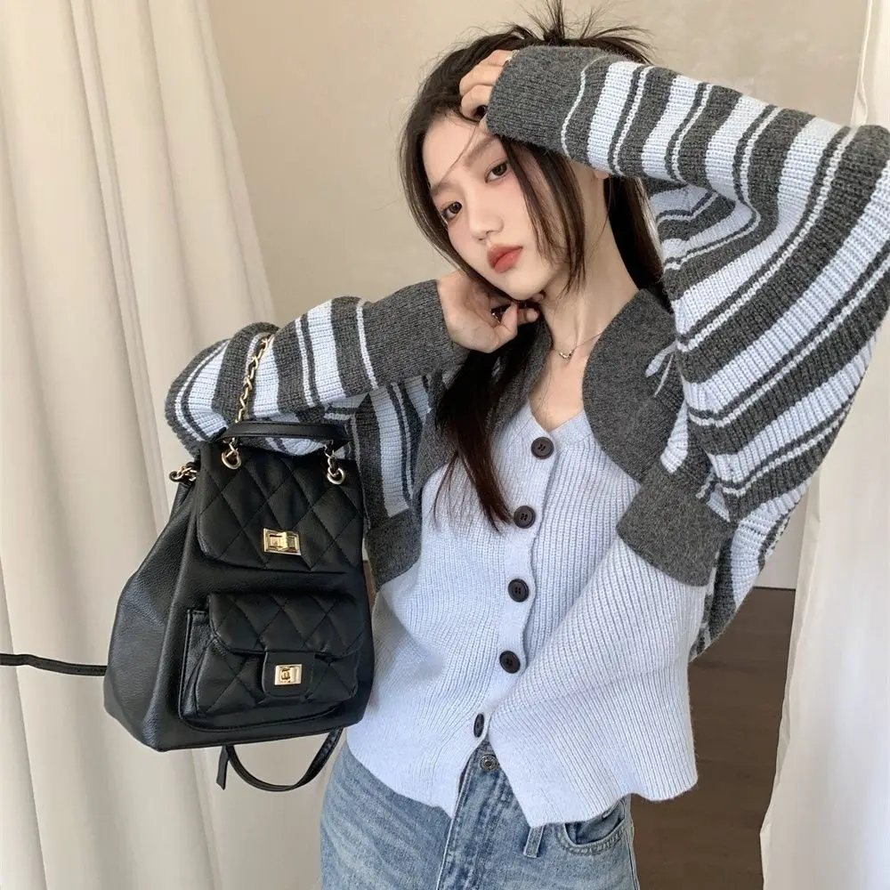 Knitted Cardigan Fake Two-Piece Striped Splicing Women'S Autumn And Winter Korean Style Lazy Niche Design Retro Sweater