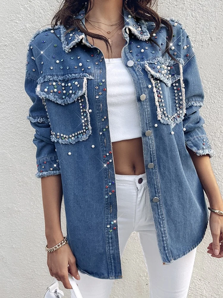 

Красочное джинсовое пальто с отложным воротником и длинными рукавами, пуговицами спереди и кисточками, с карманом