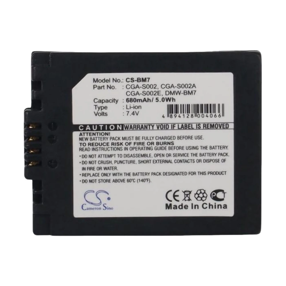 

Li-ion Camera Battery for Panasonic,7.4v,680mAh,Lumix DMC-FZ1 DMC-FZ10 DMC-FZ10EB,CGA-S002 CGA-S002A CGR-S002 CGR-S002E DMW-BM7