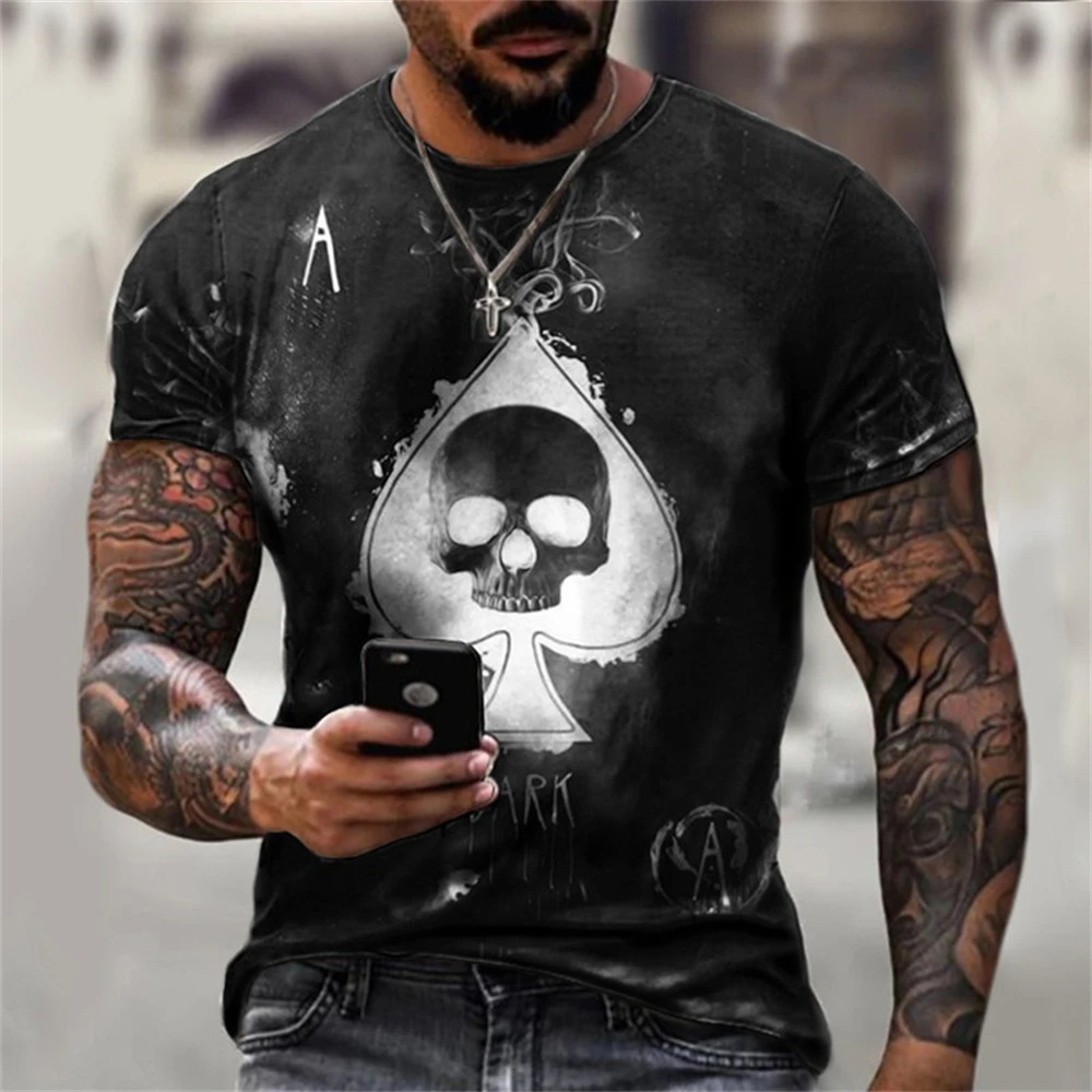 2024 Summer Anime Men\'s T-shirts Street Punk Poker Ace of Spades Clothes 3D Printing Street Fashion Oversize Short-Sleeved Shirt