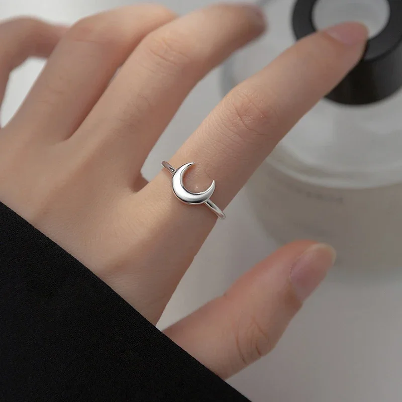 INS Real 925 Sterling Silver Moon Adjustable Ring For Fashion Women Classic Fine Jewelry Minimalist Accessories