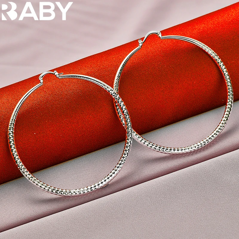 

925 Sterling Silver Granule Big Circle 70mm Hoop Earrings For Women Wedding Engagement Fashion Party Jewelry Elegant Accessories