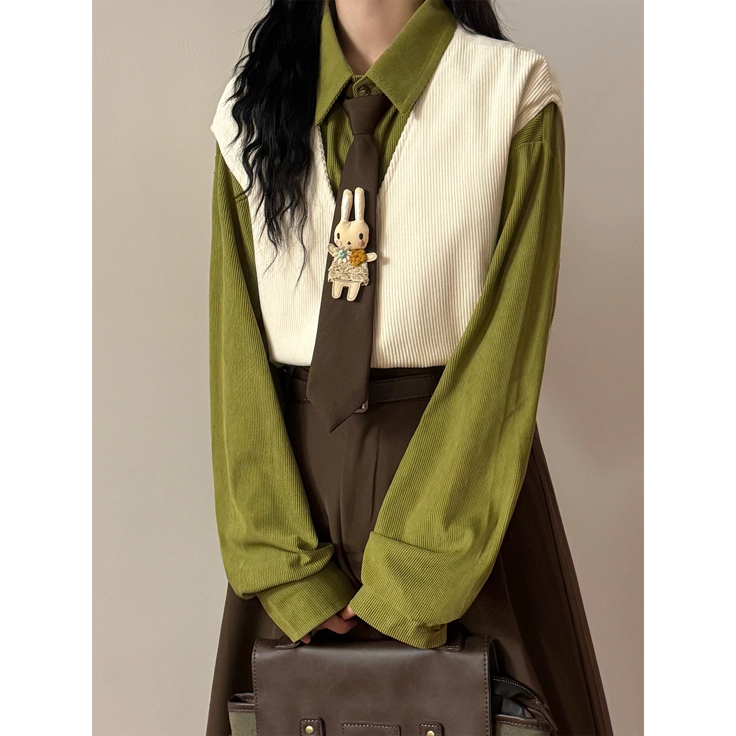 Blue V-Neck Corduroy Shirt Women's Layering Vest Knittedwear American Retro College Style Outerwear Regular Length