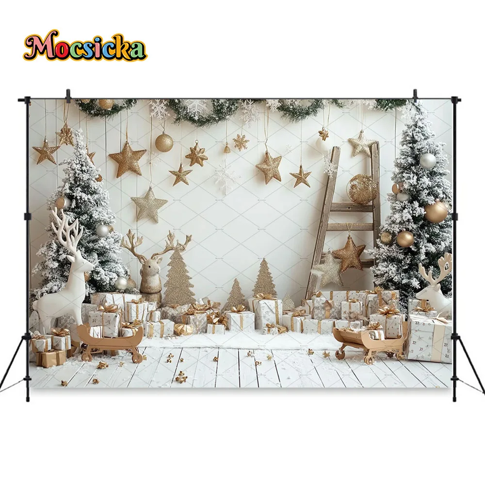 Mocsicka White Christmas Gift Room Photography Background Shiny Gold Stars Decor Xmas Tree Backdrop Winter Kids Photo Studio