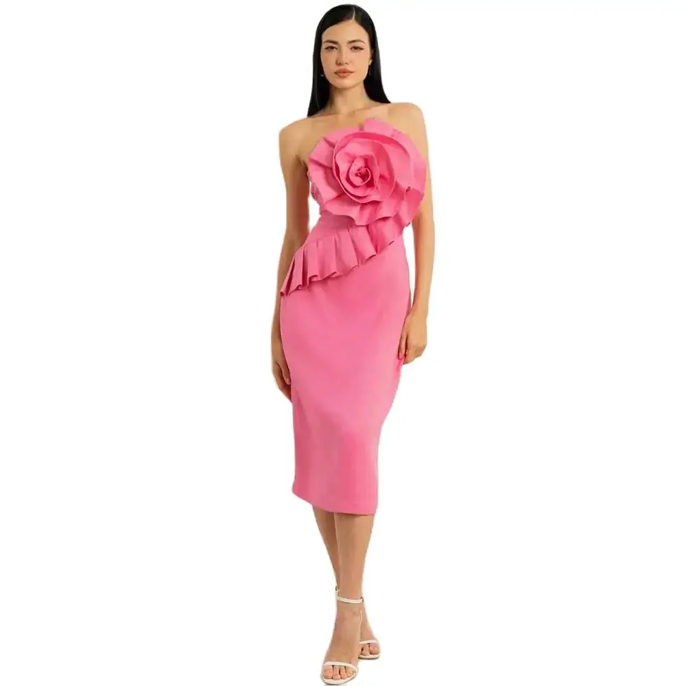 YUNLAN Elegant Mermaid Midi Pink Strapless 3D Flower Evening Dress 2024 Saudi Arabia Women Wedding Guest Formal Party Dress