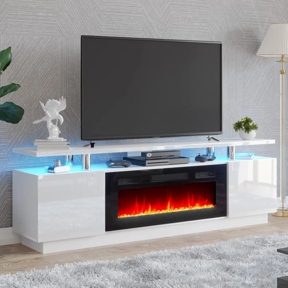 Soporte para TV con chimenea de 36", luces LED modernas para centro de entretenimiento con chimenea de alto brillo de 70", mueble consola para TV de 2 niveles