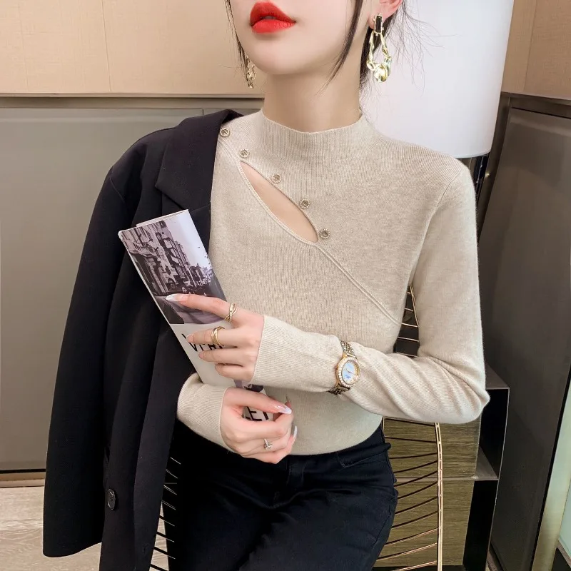 

Elegant Slim Pull Femme Knitwear Hollow Out Buttons Women Sweaters Korean Fashion Half High Collar Solid Bottom Clothes