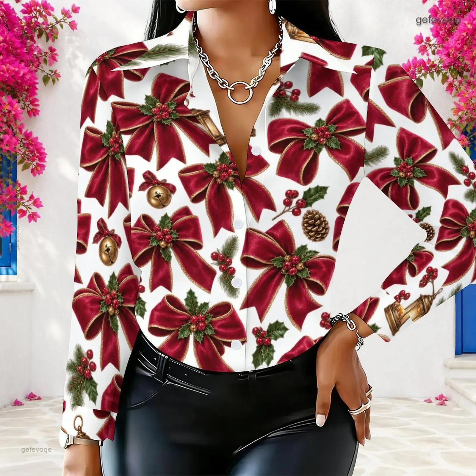Women White Printed Red Christmas Bow Holly Jingle Bell Pattern Long Sleeve Collared Button Down Shirt
