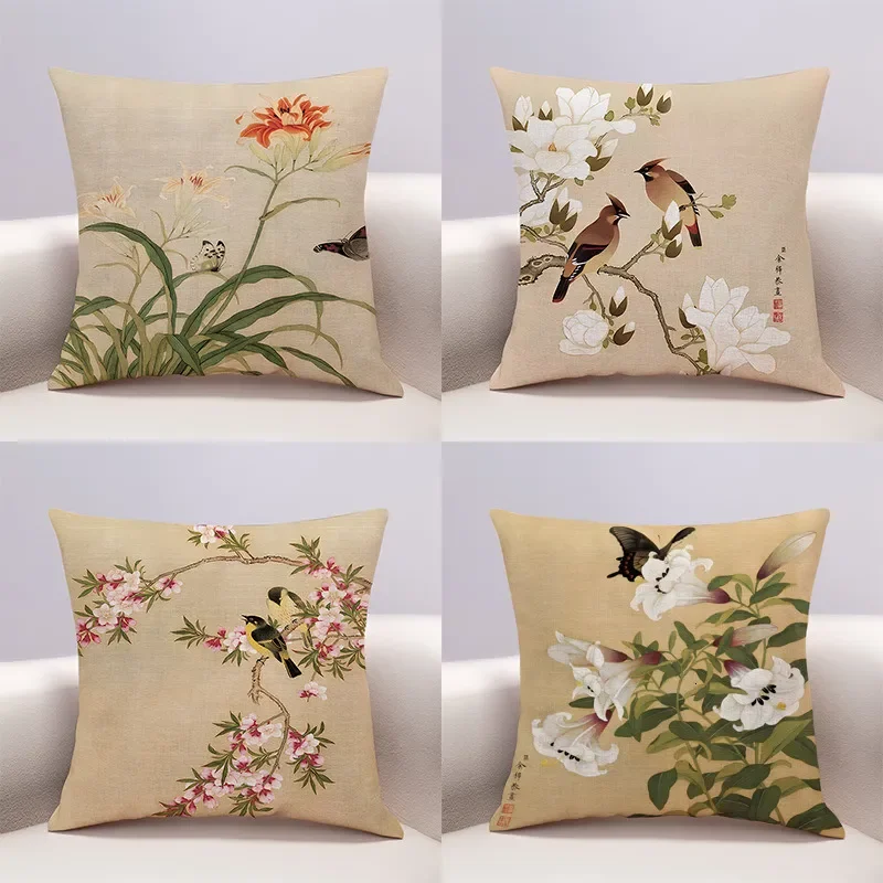 Chinese Pillow Cover Polyester Printed Bird Flower Cushion Case Sofa Home Decor 45x45cm Bedroom Living Room Throw Pillowcase