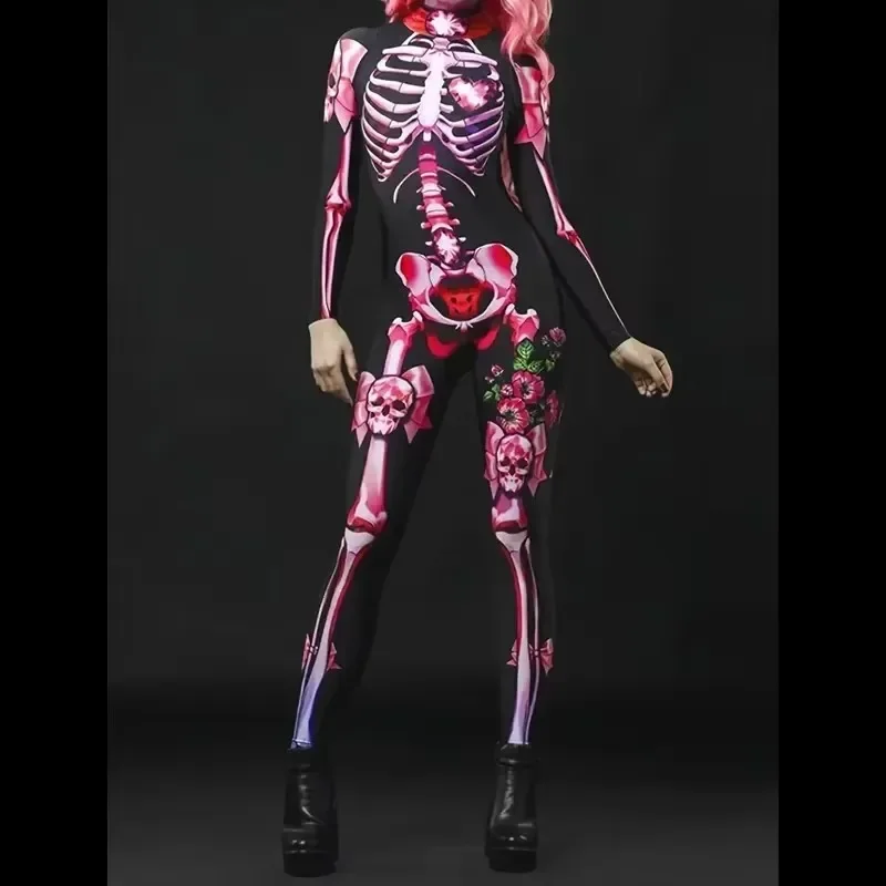 Girls Ghost Bride Costume Printed Skeleton Skeleton Women's Jumpsuit Halloween Rose Skeleton Scary Dress Up Costume Mardi Gras