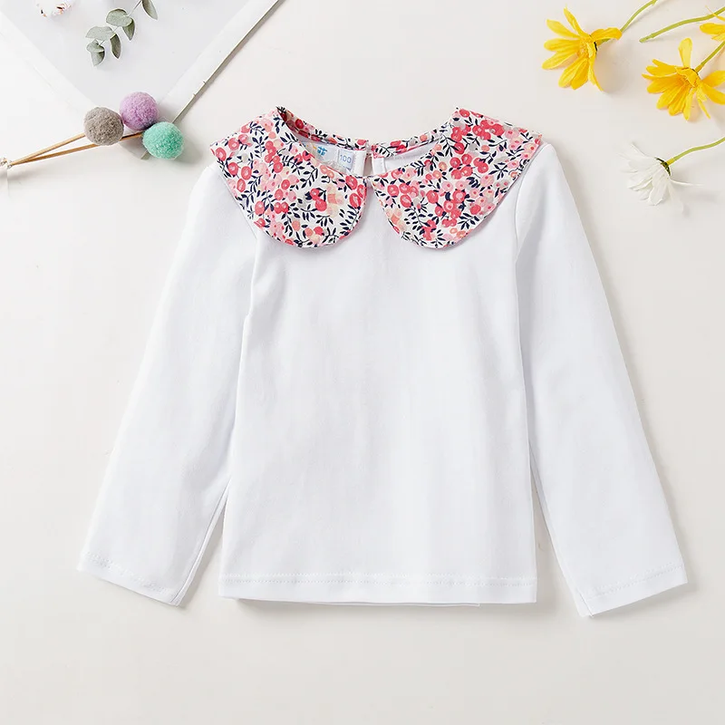 Baby Girls White Shirt Spring Autumn Kids Long Sleeve Basic Blouse With Floral Collar 1--5Y