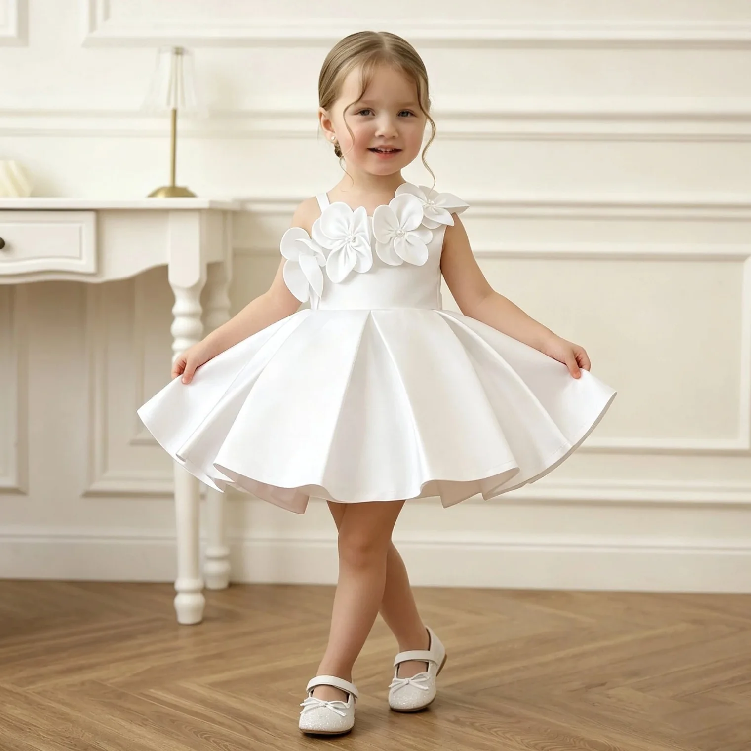 New Flower Girl Wedding White Princess Ball Gown Children Cute Bow Design Birthday Party Dress y1812
