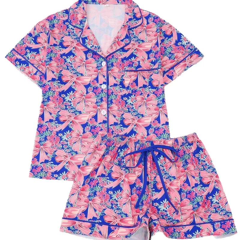 Women's Elegant Cardigan Lapel Collar Summer Loose  Comfortable White Background Bow Pajama Set Age Reduction Cross-border New