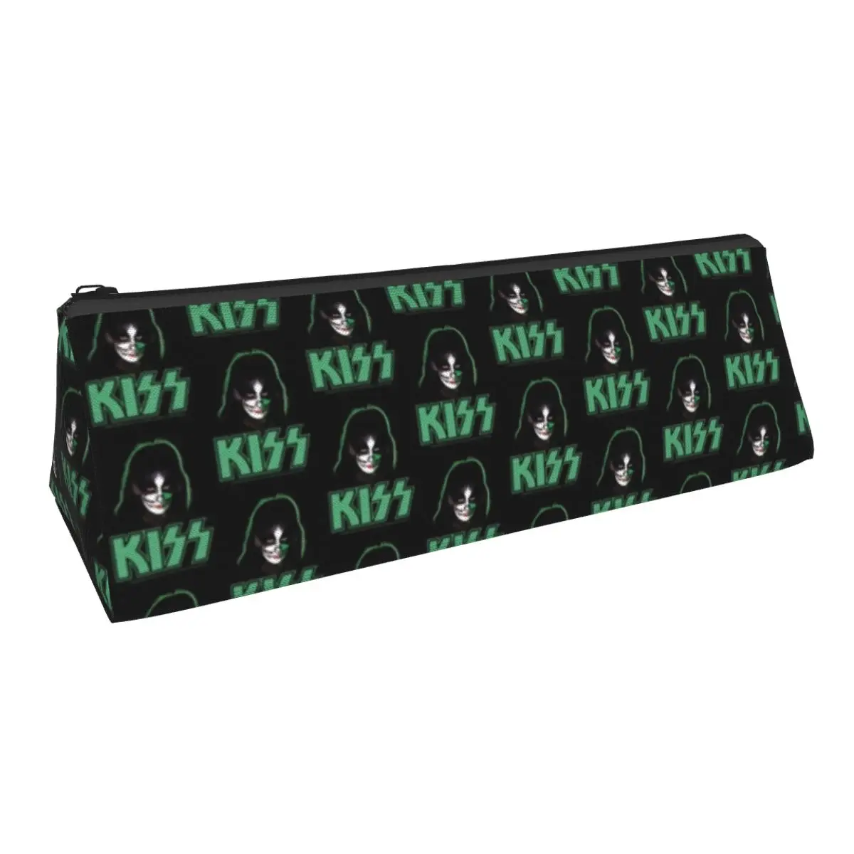 Kiss Band Face Triangle Pencil Case Green Kiss Logo University Teens Pencil Box Retro Zipper Pen Bags