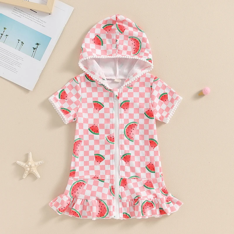 Kid Clothes Girl Beach Dress Short Sleeve Hooded Zipper Closure Watermelon Flamingo Ice Cream Print Summer Dress Swimwear